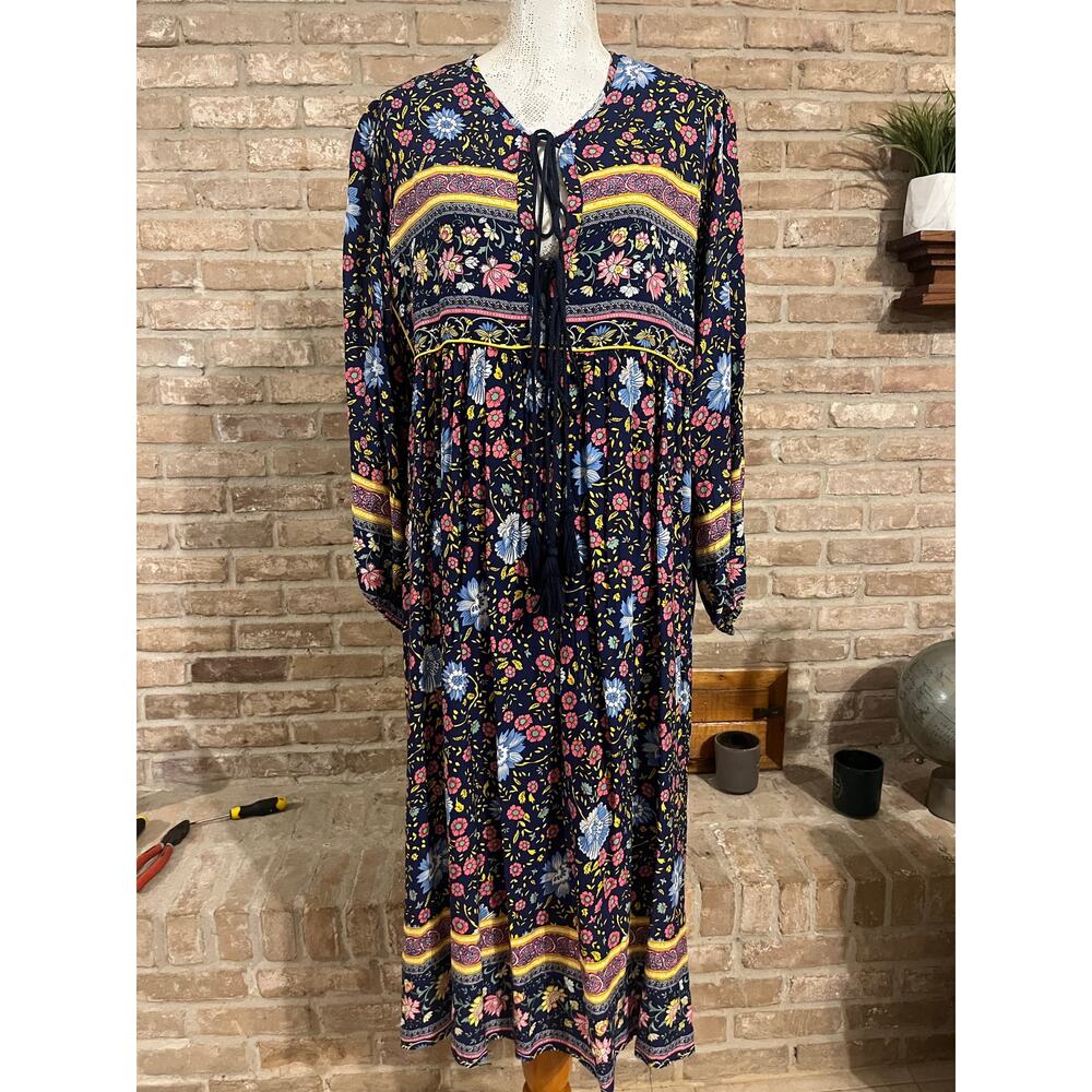 R.Vivimos Women's Long Sleeve Floral
V Neck Tassel Bohemian Midi Dress Sz L - Picture 2 of 4